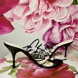 Tommy Hilfiger Black Strappy Heels with Pink Floral Accents